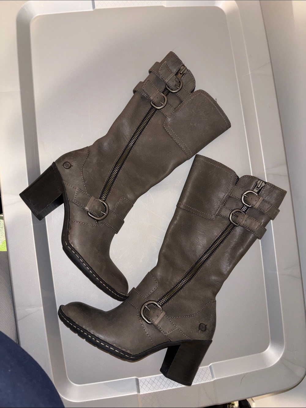 Born Gray Mid-Calf Heeled Buckle Zip Boots